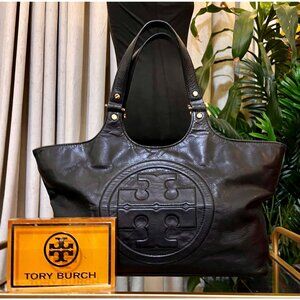 Tory Burch Black Leather Black Bombe Ella Satchel Shoulder Bag
